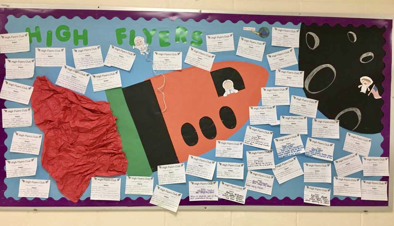 Bulletin board featuring students selected as High Flyers Bulletin board featuring students selected as High Flyers